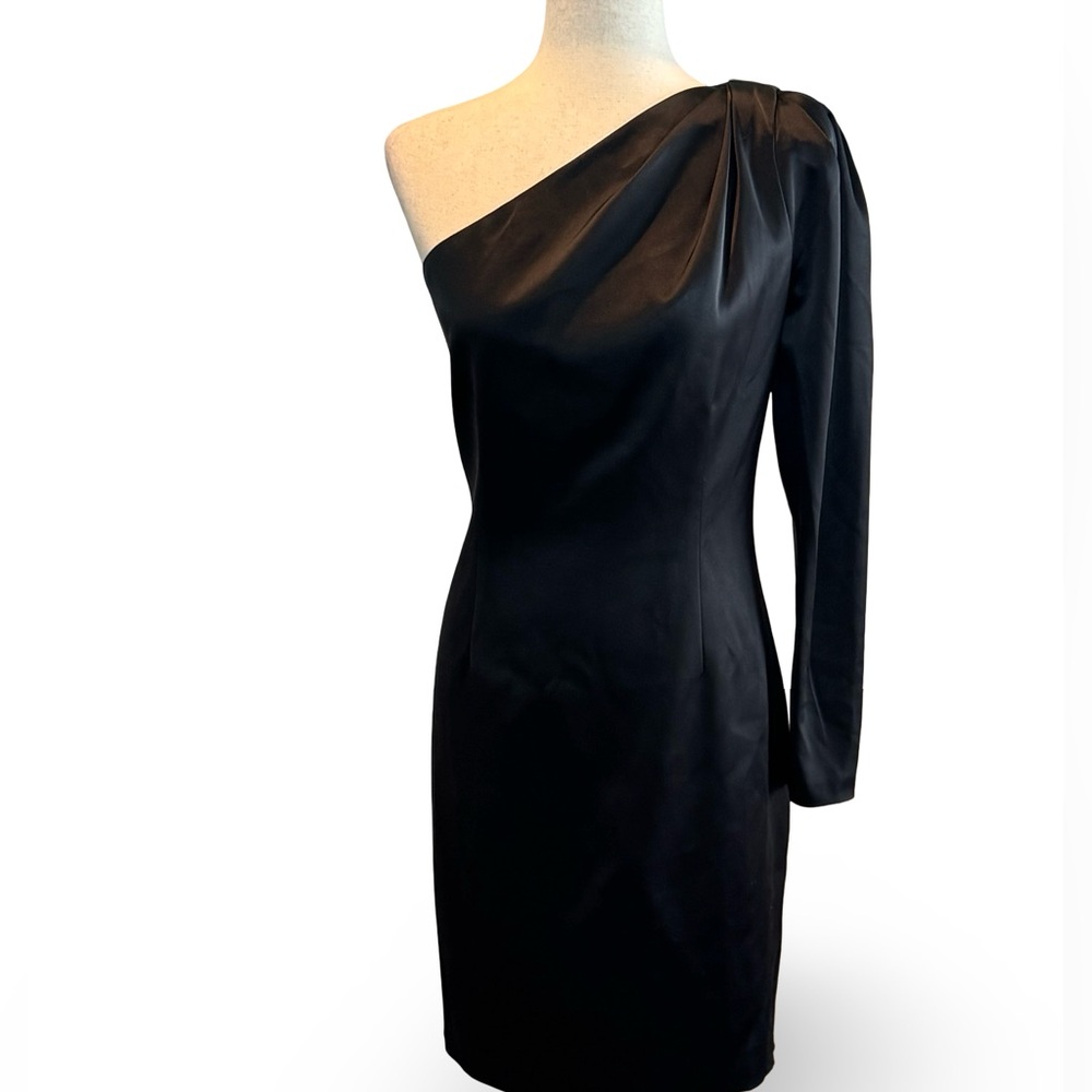 Elie Tahari One-Shoulder Black Satin Cocktail Dress